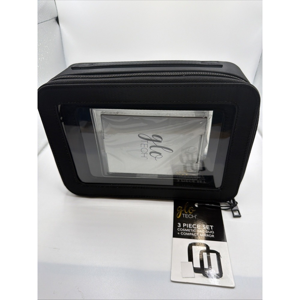 GloTech‎ Toiletry Set, Black, 3 Piece Set Cosmetic Bag Duo & Compact Mirror